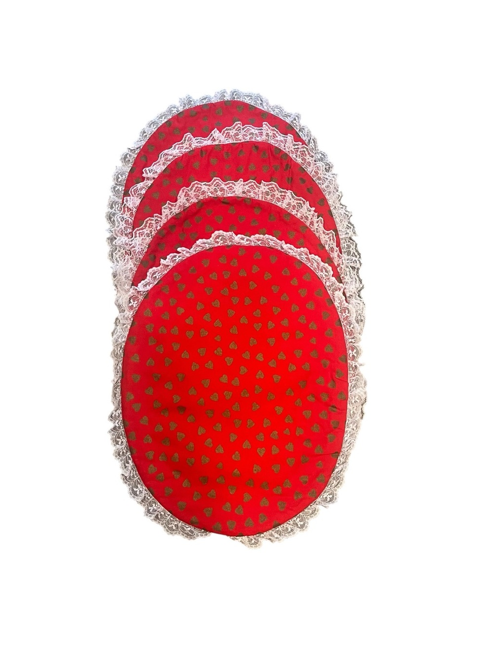 Red Gold Tone Hearts Fabric Oval Placemats Lace Trim - Set of 4